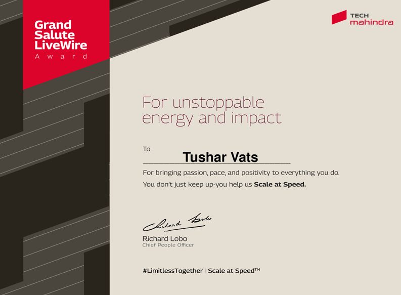 Grand Salute LiveWire Award certificate from Tech Mahindra