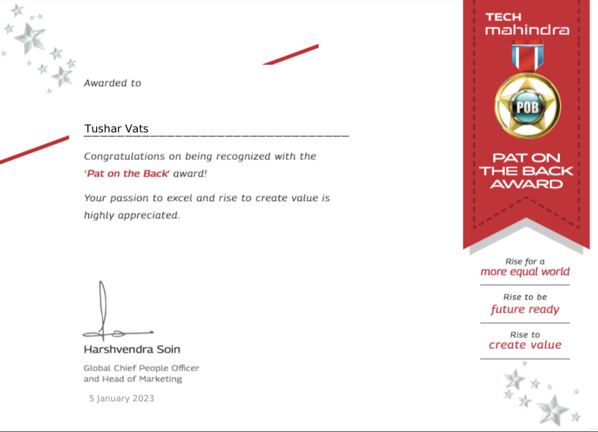 Pat On The Back Award certificate, 05 Jan 2023